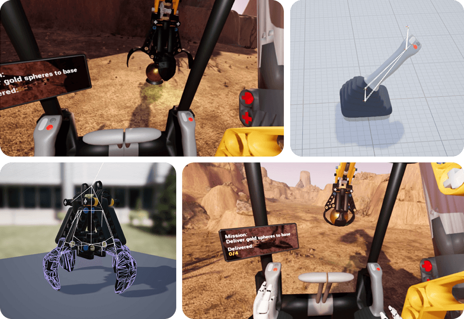 Scenes from a VR machine simulator: the view from the operator's cab with virtual hands on the levers, a grapple lifting a gold sphere, and close-ups of a control lever and the grapple's collision model