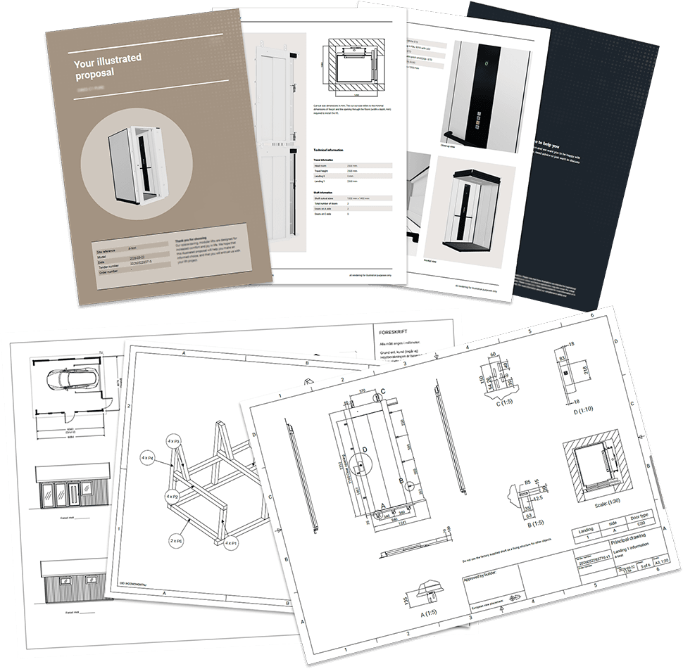 An illustrated proposal and dimensioned CAD drawings generated from a configuration